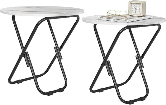 VECELO 17.7" Small Folding Table Set of 2,Round Patio Outdoor Side Table, Foldable Wooden Table with Weather Resistant Steel Frame, Patio Table for Camping Picnic Garden Small Space
