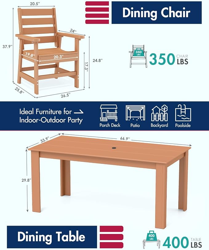BRIOPAWS Outdoor-Dining-Table-Set | 5 Piece | HDPE | 2 Benches and 2 Chairs Sets for 6 | Patio Dinner Furniture | All Weather | Umbrella Hole | for Poolside Deck Backyard Outdoors | Teak