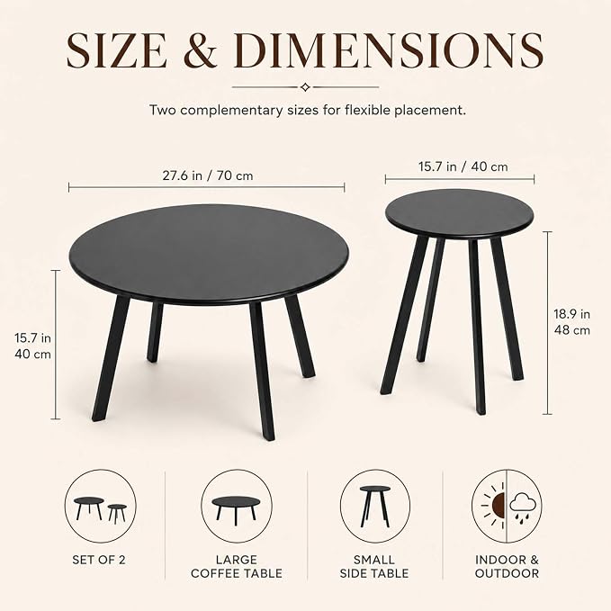 HRVEOCEI Black Round Nesting Coffee Table Set of 2, 2 PCS Small Outdoor Nesting Tables with LED Light for Living Room, Metal Side Table Set for Balcony Patio (70 Inch)