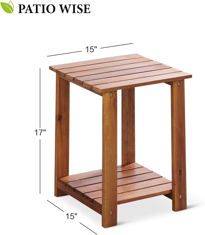 Patio Wise Square Acacia Wood Side Table, 2-Tier Indoor/Outdoor Wooden Accent Tables, Deck, Balcony, Porch, & Patio Furniture, 15-Inches Long x 15-Inches Deep x 17-Inches High, Teak