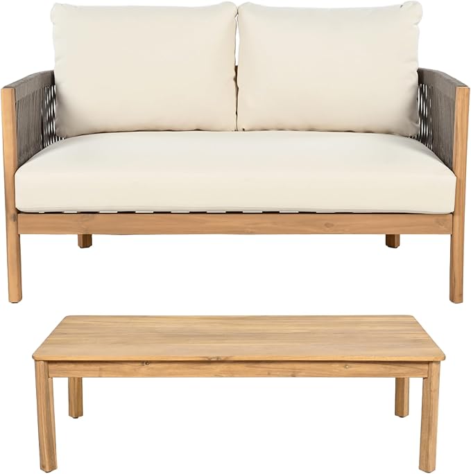 Christopher Knight Home Havets 2 Pieces Conversation Set, Acacia Wood Loveseat and Coffee Table Set, Woven Rope Armchair, Slats Panel End Table, 6" Thick Cushion Couch for Backyard Garden, Gray+Beige