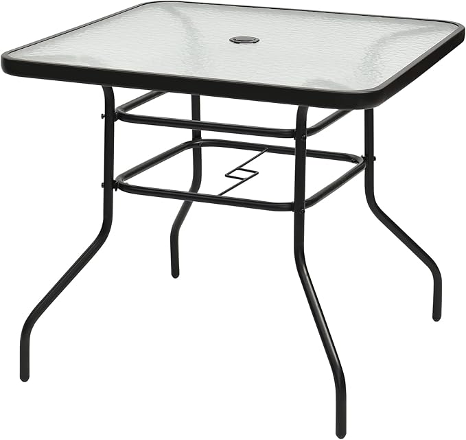 KOTEK 32'' Patio Table with Umbrella Hole, Outdoor Bistro Table w/Tempered Glass Top & Sturdy Metal Frame, Square Patio Dining Table Coffee Table for Garden, Balcony, Poolside