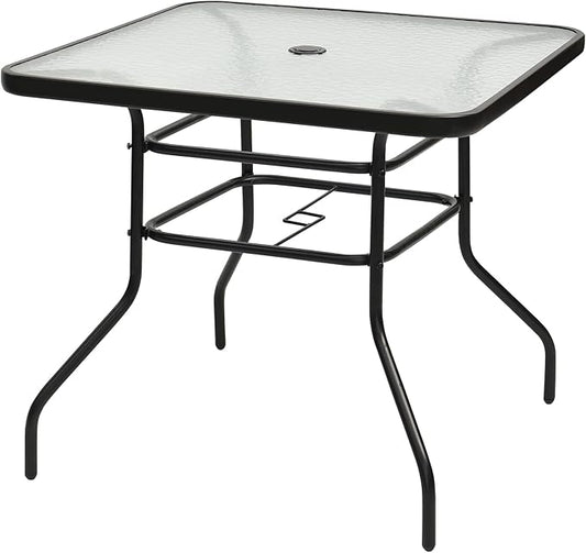 KOTEK 32'' Patio Table with Umbrella Hole, Outdoor Bistro Table w/Tempered Glass Top & Sturdy Metal Frame, Square Patio Dining Table Coffee Table for Garden, Balcony, Poolside