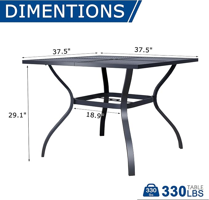 37.5" Square Patio Table with Umbrella Hole, Metal Mesh Outdoor Dining Table for Garden, Backyard and Deck, 4 Person Round Patio Dining Table for Outside, Black