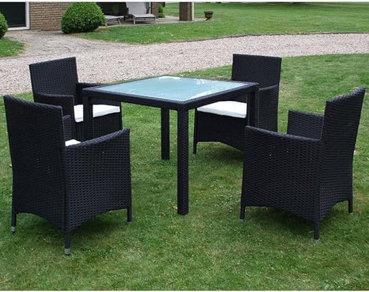 5 Piece Patio Dining Set with Cushions Poly Rattan Black Outdoor Rattan Furniture Set for Garden Backyard Steel Frame Aluminum Feet Removable Seat Cushion Table and Chairs for Al Fresco Dining Lounge