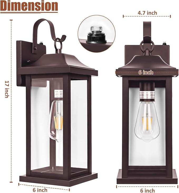 Bronze Dusk to Dawn Outdoor Wall Sconces 2-Pack Large | Exterior Light Fixtures Brown, 17 Inch Outdoor Light Fixtures Oil Rubbed Anti-Rust, Outside Carriage Coach Lamps, ETL List