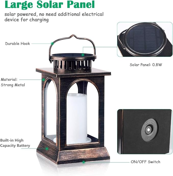TomCare Flickering Flame Solar Lights Outdoor Metal Hanging Lantern, 2 Pack | Realistic Flame Effect, Charges in 6-8 Hours, 10-12-Hour Runtime, IP65 Waterproof, Auto On/Off for Patio, Garden and Porch