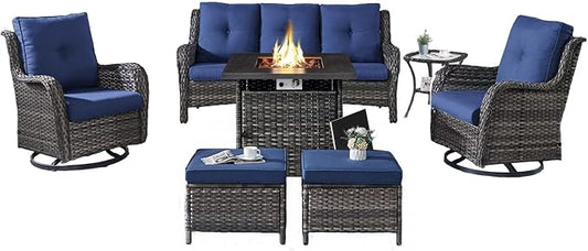 Belord Patio Furniture Set with Fire Pit Table,7 Piece Wicker Outdoor Furniture Set, Swivel Rocker Chairs with Ottomans and Sofa, All Weather Patio Conversation Set, for Pool,Yard,Gray Wicker/Blue
