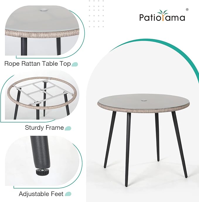 Patiorama Outdoor Dining Table, 35'' Patio Round Table, All-Weather Rope Rattan Wicker Patio Dining Table, Patio Tempered Glass Table with Umbrella Hole, Outdoor Coffee Table for Lawn Garden Pool(Tan)
