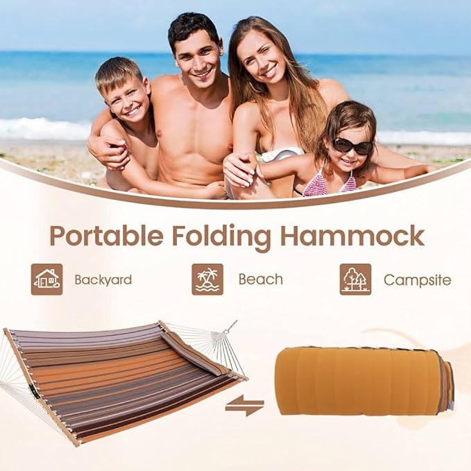 Portable Brown Beech Wood Foldable Hammock with Detachable Pillow for Patio/Balcony 55.5x75in, 265lb Capacity Stylish