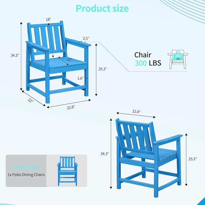 All-Weather Outdoor Chairs, HDPE Outdoor Dining Chair with Backrest and Armrest, 300 LBS Support Garden Patio Furniture Chairs for Poolside, Deck and Porch, Blue