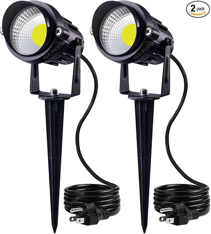 SUNVIE Outdoor Landscape LED Lighting 12W Waterproof Graden Lights COB Led Spotlights with Spiked Stand for Lawn Decorative Lamp US 3- Plug 6500K Daylight White (2 Packs)