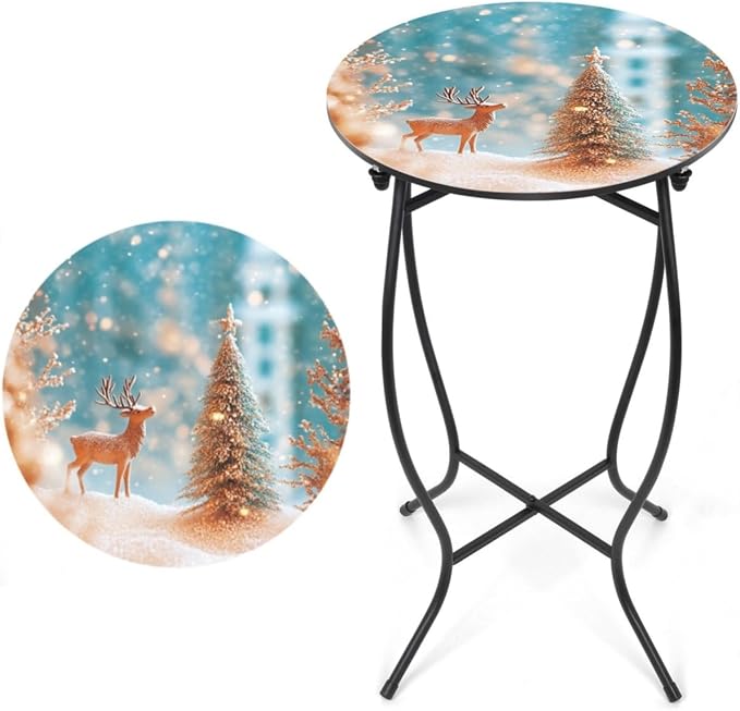 21 Inch Tall Metal Side Table, Unique Christmas Tabletop with Metal Frame, Round End Bedside Table Accent Table for Bedroom Patio Yard Porch Balcony Garden