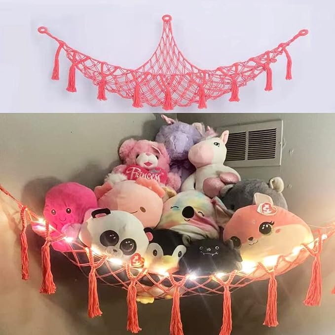 Macrame Stuffed Animal Hammock- Coral Red Hanging Corner Storage Net for Nursery & Bedroom Plushie Organization(No LED Lights)
