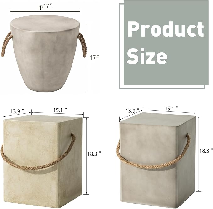 SUNBURY Outdoor Side Table, Concrete Side Table for Patio,18" H Small End Table w Hemp Rope, Indoor & Patio Accent Table Coffee Table Warm Gray, Stone Side Table Garden Plant Stands