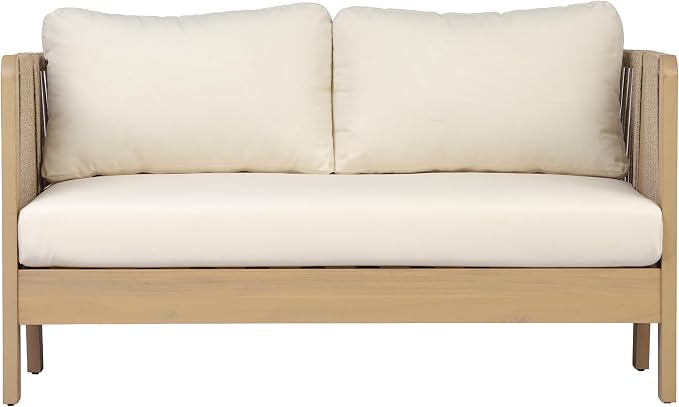 Christopher Knight Home Dalba Acacia Wood Outdoor Loveseat and Coffee Table Set, 3 Piece Patio Furniture Set with Removable Cushion, Solid Wood Outdoor Conversation Set, Light Teak+Beige
