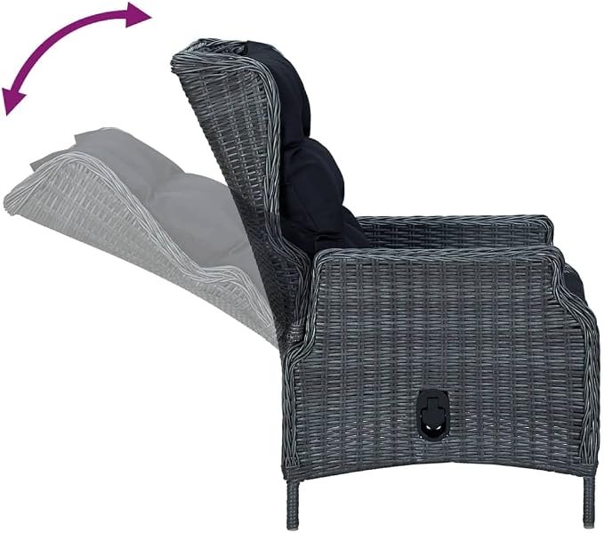 7 Piece Patio Dining Set with Dark Gray Poly Rattan, Tempered Glass Table, and Adjustable Backrest Chairs for Outdoor Garden