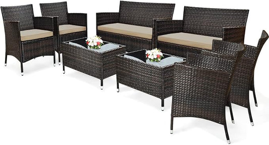 COSTWAY 8PCS Rattan Patio Furniture Set | Outdoor Wicker Rattan Chairs with Coffee Table, Rattan Cushioned Conversation Set for Backyard Balcony Poolside, Brown