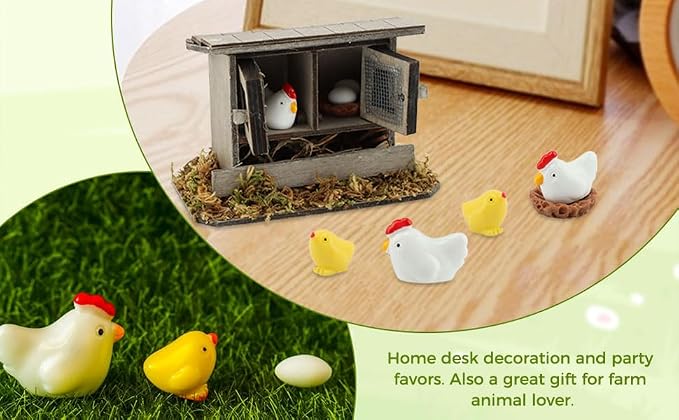 Fairy Garden Mini Chicken Coop Decor, 13-Piece Farm Scene Set | Includes 1 wood coop 3 hens 3 chicks 3 eggs 3 nests, doors open and close, store pieces together to avoid loss