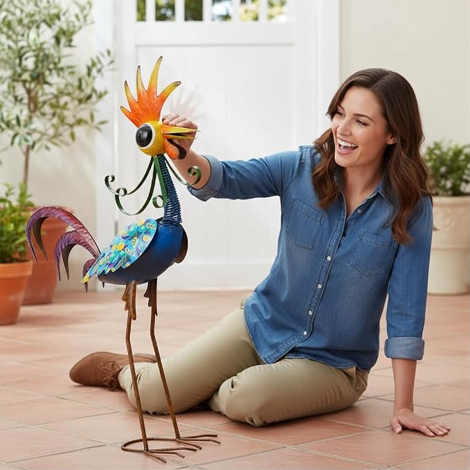 31.5'' Wacky Rooster Garden Statue for Outside, Patio, Backyard, Lawn | Metal Rooster Decor Yard Statue Decorations, Waterproof Chicken Yard Art, Royal Blue