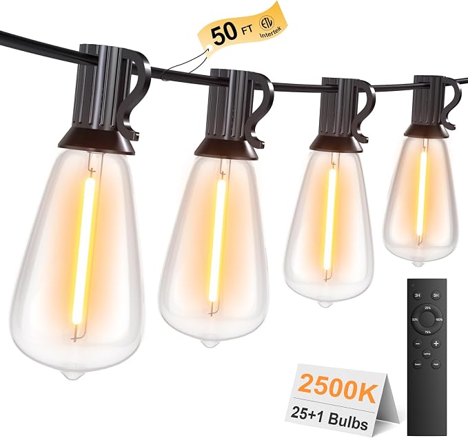 Outdoor String Lights 50FT 26 LED, Waterproof Dimmable Patio Lights | Remote Control, Shatterproof Edison ST38 Bulbs, Timer, Plug-In, Warm White Hanging Light for Garden Yard Porch Deck Decor
