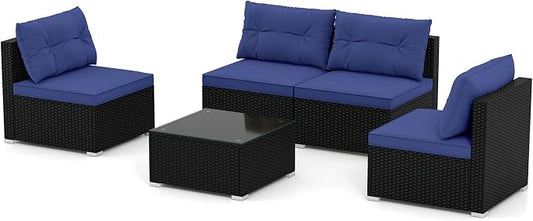 RELAX4LIFE 5-Piece Outdoor Patio Furniture Set, Rattan Sectional Sofa Set w/Glass-Top Coffee Table, Soft Seat & Back Cushions, Bistro Set for Garden Backyard Porch, Wicker Conversation Set (Navy)