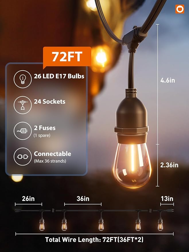 addlon LED Outdoor String Lights 72FT(36*2) Edison Vintage Weatherproof ETL | Commercial Grade Strand with Shatterproof Bulbs, Decorative Hanging Lights for Patio Backyard Garden Cafe Bistro Deck