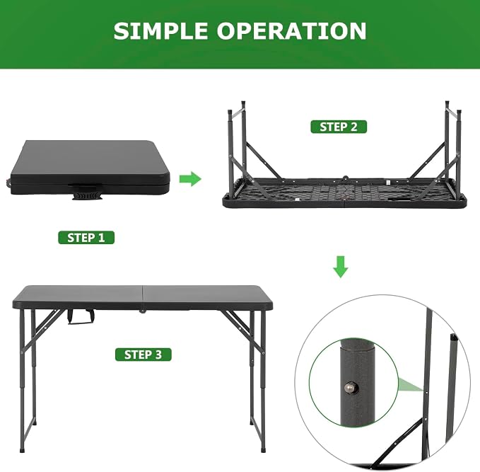 BestOffice 4 FT Picnic Table Folding Table Camping Plastic Table Fold Up Table Lock for Party Event, Black