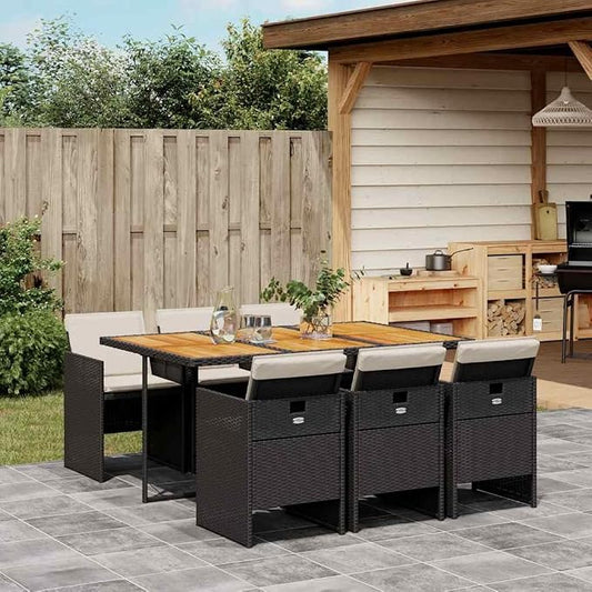 7-Piece Garden Dining Set, Patio Furniture with Rectangular Acacia Wood Table and 6 Cushioned Chairs, Outdoor Rattan Seating for Backyard Balcony