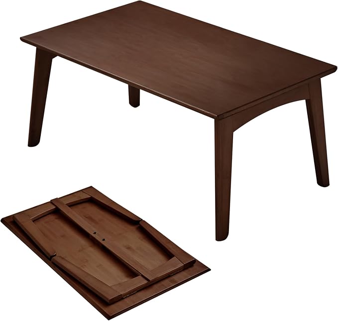 JIKUGO Bamboo Folding Coffee Table No Assembly Required Japanese Floor Table for Bedroom Living Room, Walnut, 26 x 15.8 x 11.8 Inches