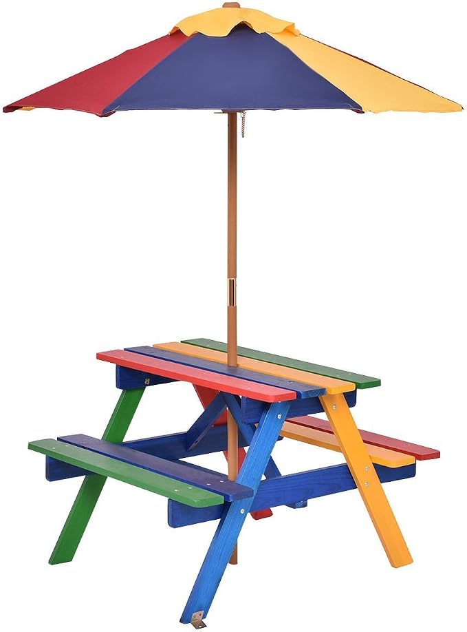 Costzon Kids Picnic Table Set, Colorful Wood Picnic Table and Benches with Removable/Folding Umbrella, Children Rainbow Bench Outdoor Patio Set
