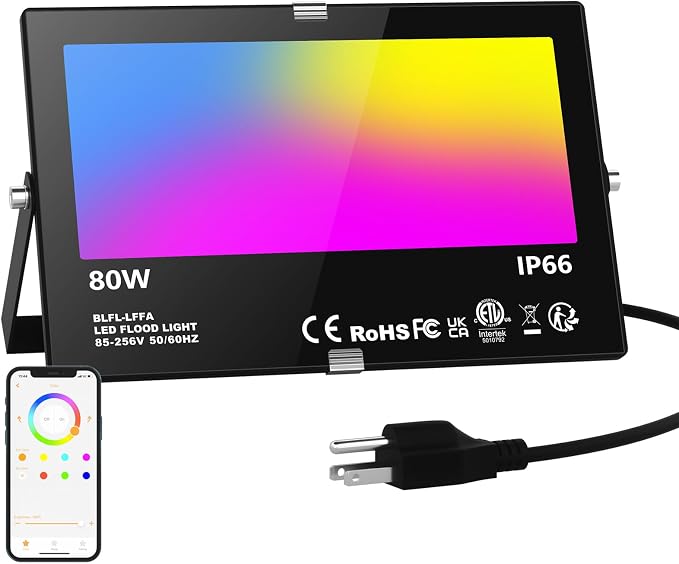 LED Flood Light Outdoor 800W Equivalent 8000LM, Smart RGB Color Changing Landscape Lighting with APP Control, IP66 Waterproof Outdoor LED Lights Daylight 5700K, DIY Scenes, Timing Floodlights, 1 Pack