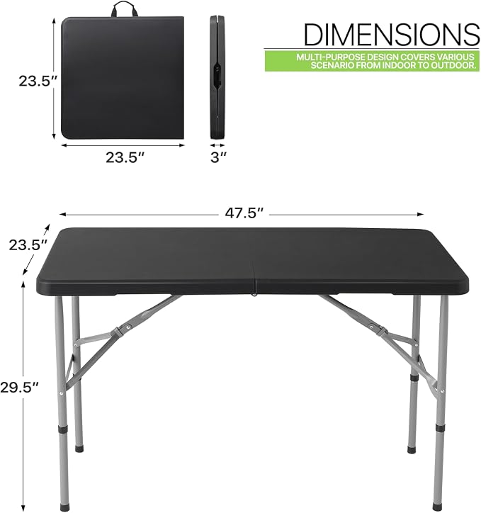 Magshion 4ft Plastic Folding Table, Indoor Outdoor Collapsible Portable Dining Table w/Handle, Ideal for Picnic Party Camping, Black