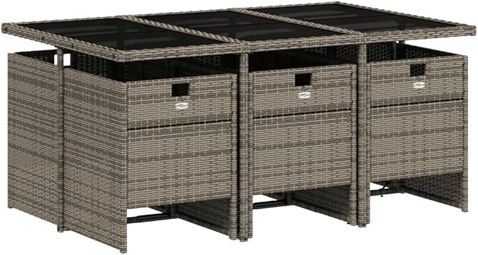 7 Piece Patio Dining Set with Cushions Gray Poly Rattan, Outdoor Table and 6 Chairs with Foldable Backrest, Tempered Glass Top, Removable Washable Cushion Covers for Garden Backyard Deck Entertaining