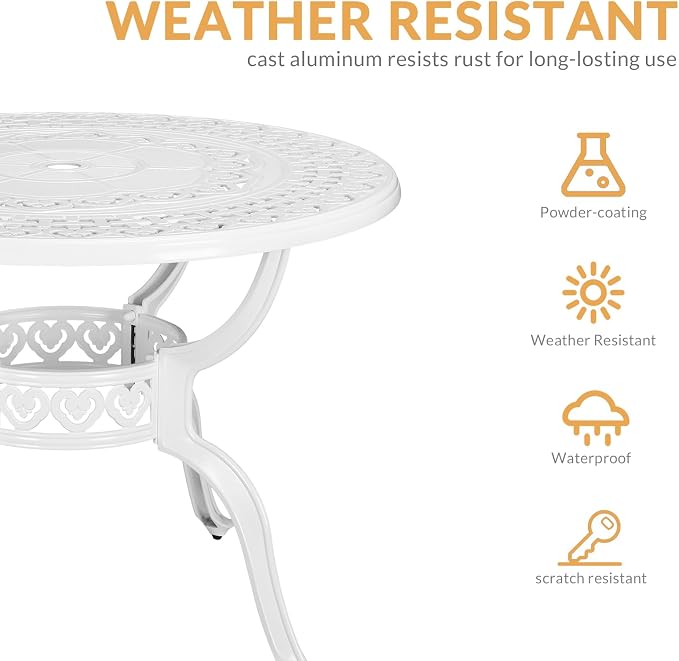 5-Piece Outdoor Patio Dining Set, All-Weather Cast Aluminum Patio Furniture Set with 4 Chairs and 38.5" Round Table for Backyard Garden Deck, 2" Umbrella Hole, White
