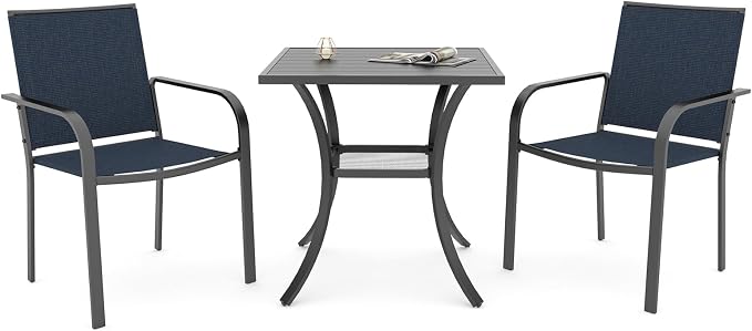 Anmutig Small Outdoor Patio Set with 27.5 Inch Metal Square Dining Table and 2 Navy Blue Stackable Chairs