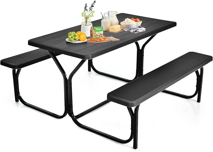 ORALNER Picnic Table, Resin Dining Table & 2 Benches Set, Weather Resistant Wood Grain Tabletop & Steel Frame, Plastic Picnic Tables for Outdoors, Porch Yard Patio Lawn Party Camping (Black)
