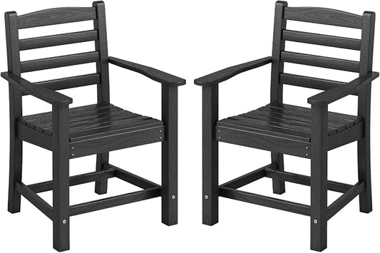 Tangkula Patio Dining Chairs Set of 2, HDPE All Weather Outdoor Chair w/Wide Armrests, Curved Seat, Wood Grain, Plastic Porch Chair for Backyard, Garden, Front Porch, Poolside (Black, 2 Chairs)