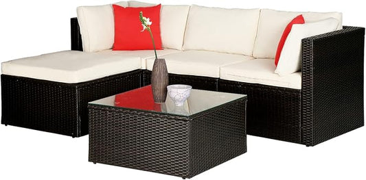 5 Pieces Patio Furniture Sets Outdoor Furniture Patio Sofa Wicker Sectional Sofa Modular Outdoor Conversation Set with 2 Red Pillow 2 Corner Chairs Armless Chair Ottoman Glass Table,Khaki Cushion