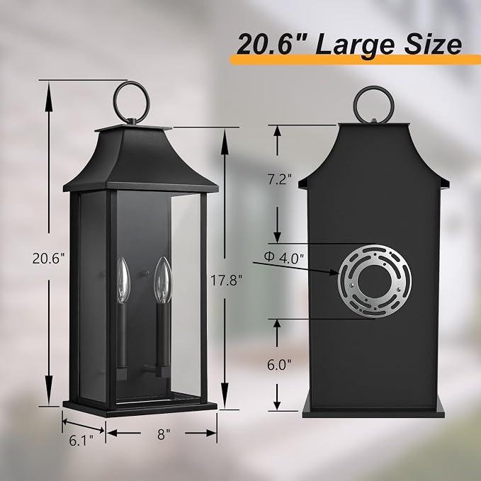 Outdoor Wall Lights, Dusk to Dawn Waterproof Outside Wall Sconce | Large Modern Wall Fixture with Glass, Exterior Lamp for House, Porch, Garage, 2-Light (20.6 Inch, Black)