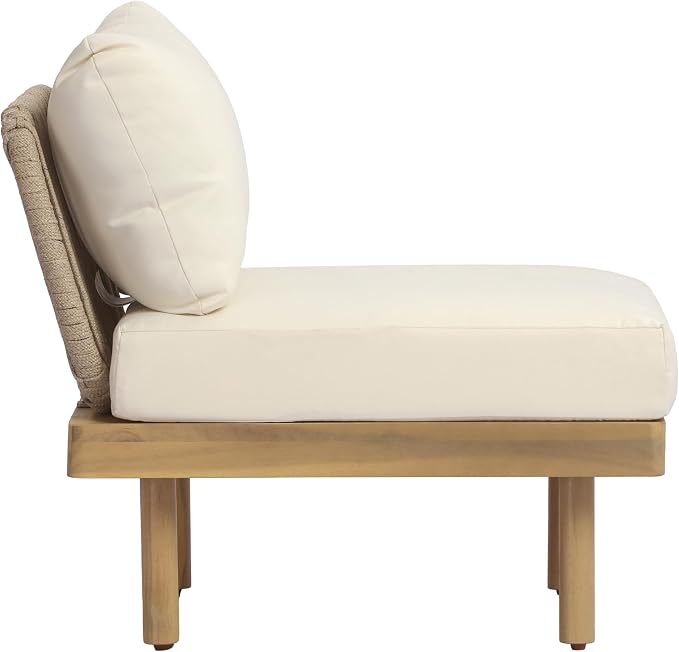 Christopher Knight Home John 4 Piece Patio Furniture Set with Slatted Coffee Table, Outdoor Sofa Set with Rope Back & Cushions, Modern Acacia Wood Sectional Conversation Set, Beige+Cream+Light Teak