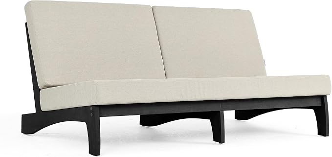 Outdoor Furniture Patio Couch, Weather Resistant 3-Seater Patio Sofa with Removable Cushion, Black Solid Wood Frame for Porch & Backyard Seating - Light Camel