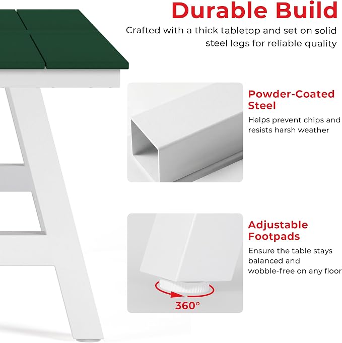 Costaelm Rectangle Patio Table, 8-Person Backyard Table 90" HDPE Dining Table with Umbrella Hole and Metal Frame for Outside, Garden, Poolside, Deck, Porch, Balcony, Dark Green