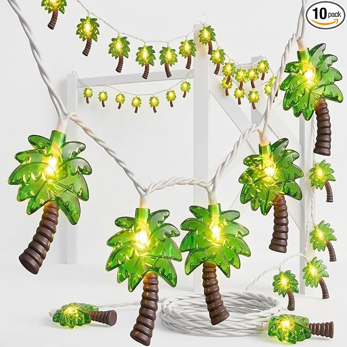 Palm Tree String Lights, Summer Patio String Lights with 10 Palm Tree Light | 8.5Ft Plug in Indoor Fairy Lights for Outdoor Indoor Beach Tropical Party Bedroom Birthday Decor, White Wire