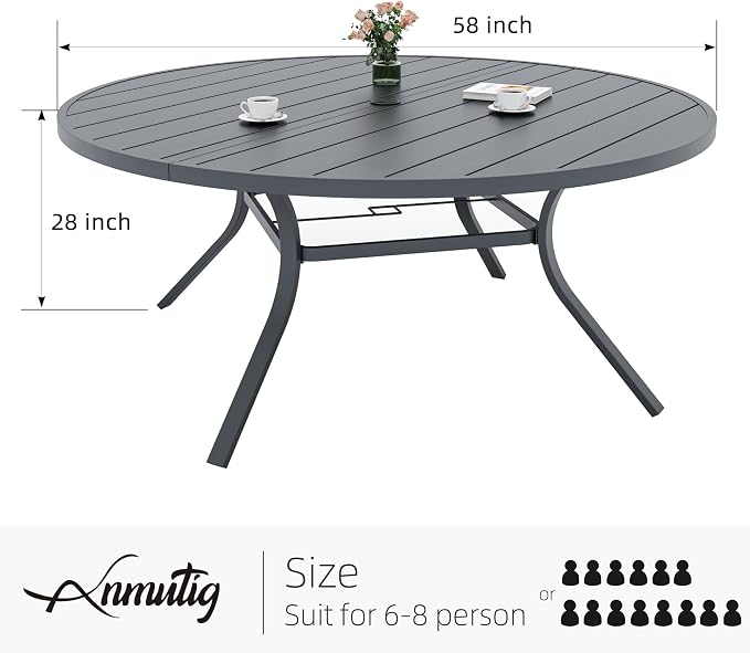 58 inch Large Outdoor Patio Round Dining Table Suit 6-8 Person All Weather | Large Table, Round Dining Table, 6-8 Person Table, 4.8ft Metal Table, All Weather