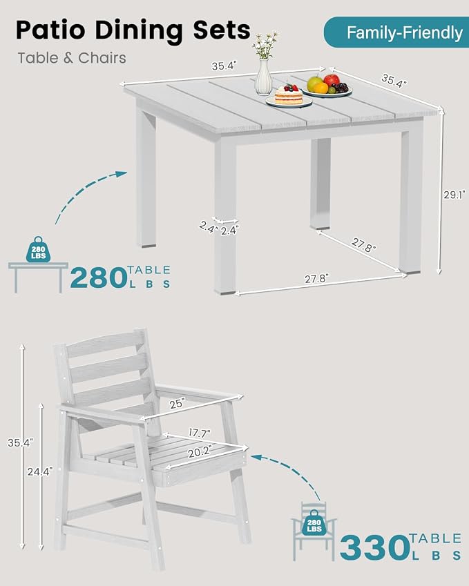 LOUNZY 5 Piece Outdoor Dining Table Set for 4, Patio Furniture, White | 4 seat Outdoor dining set, weather resistant HDPE, UV and moisture resistant, built for long-term backyard