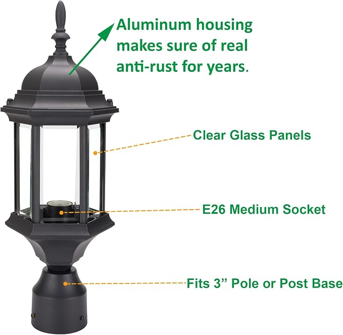Outdoor Post Light, Rustproof Aluminum Pole Lamp, Black | Exterior Lamp Post Light Fixture for Garden, Yard, Pathway, Waterproof, Glass, E26 Base, Max 60W, 2 Pack