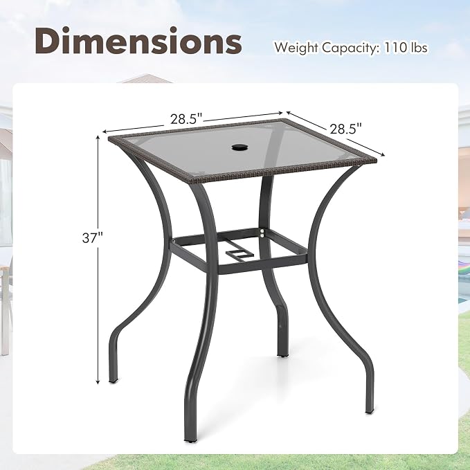 Tangkula Bistro Bar Table, 28.5" Square Bar Height Bistro Table w/ 2" Umbrella Hole, Silkscreen Glass Tabletop & Rattan Edge, Heavy-Duty Metal Legs, Outdoor Patio Bar Table for Poolside, Backyard
