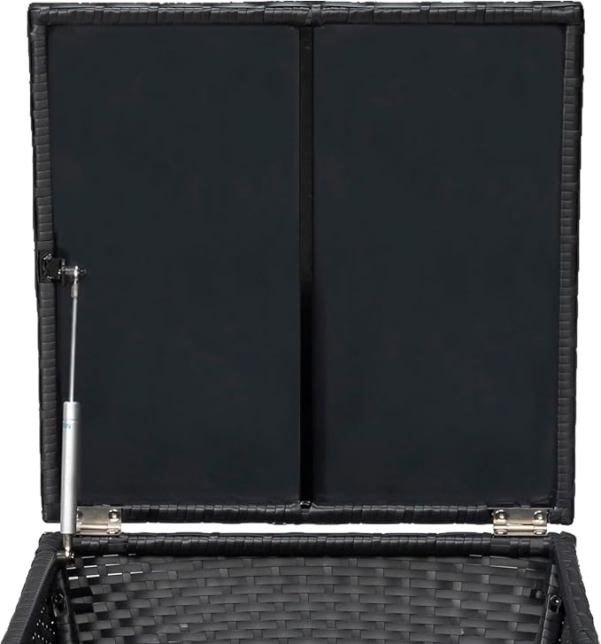 Outdoor Storage Side Table with Lid – PE Wicker Patio Table, 13-Gallon Square Bin for Hose, Cushions – All-Weather Rattan Deck Furniture (Black)