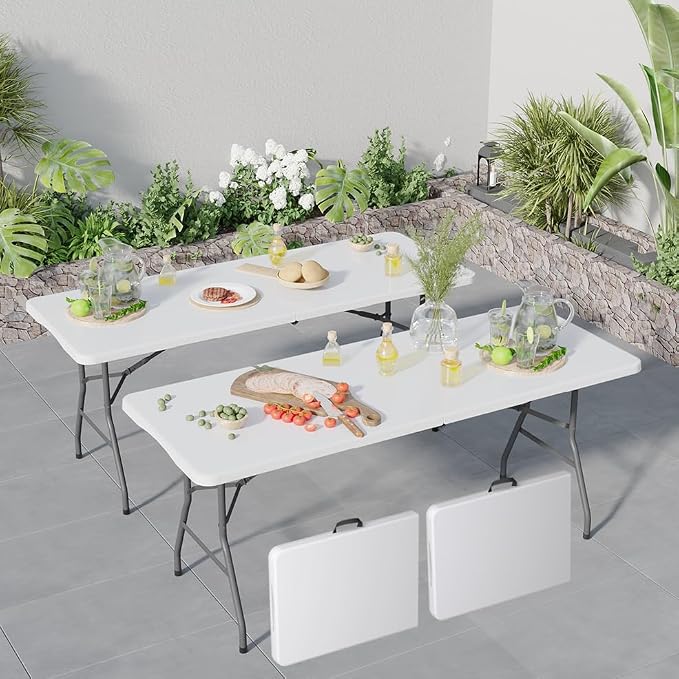 6FT Folding Picnic Table for Outdoor, Portable, White Foldable Table for Camping, Parties, with Carrying Handle (White, 2 Pack)